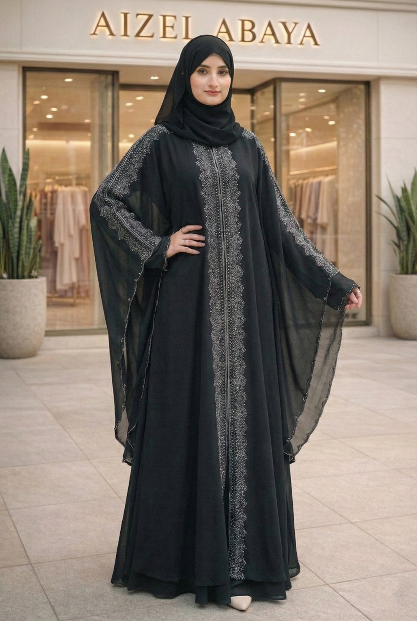 Black & Maroon Front-Open Flowing Abaya with Silver Rhinestone Panel & Batwing Sleeves – Elegant Modest Wear