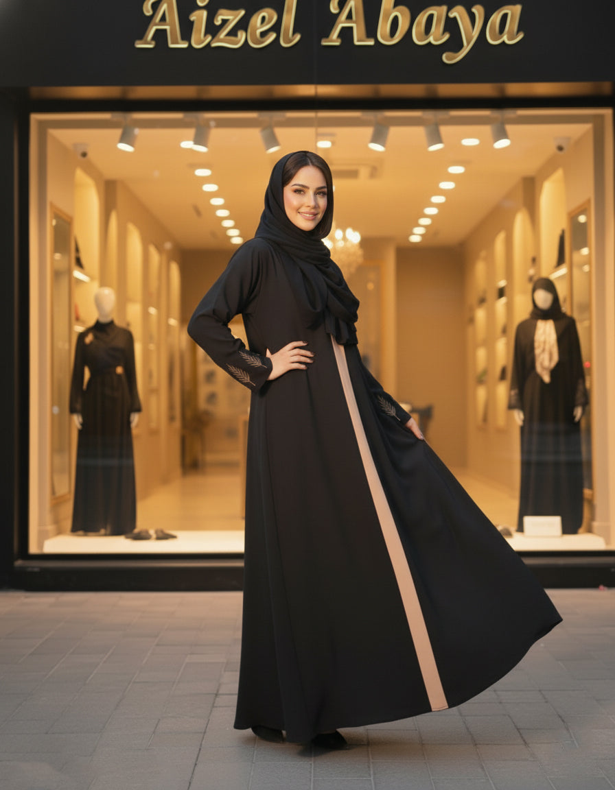Elegant Black Abaya with Contrast Panel & Leaf Embroidered Sleeves