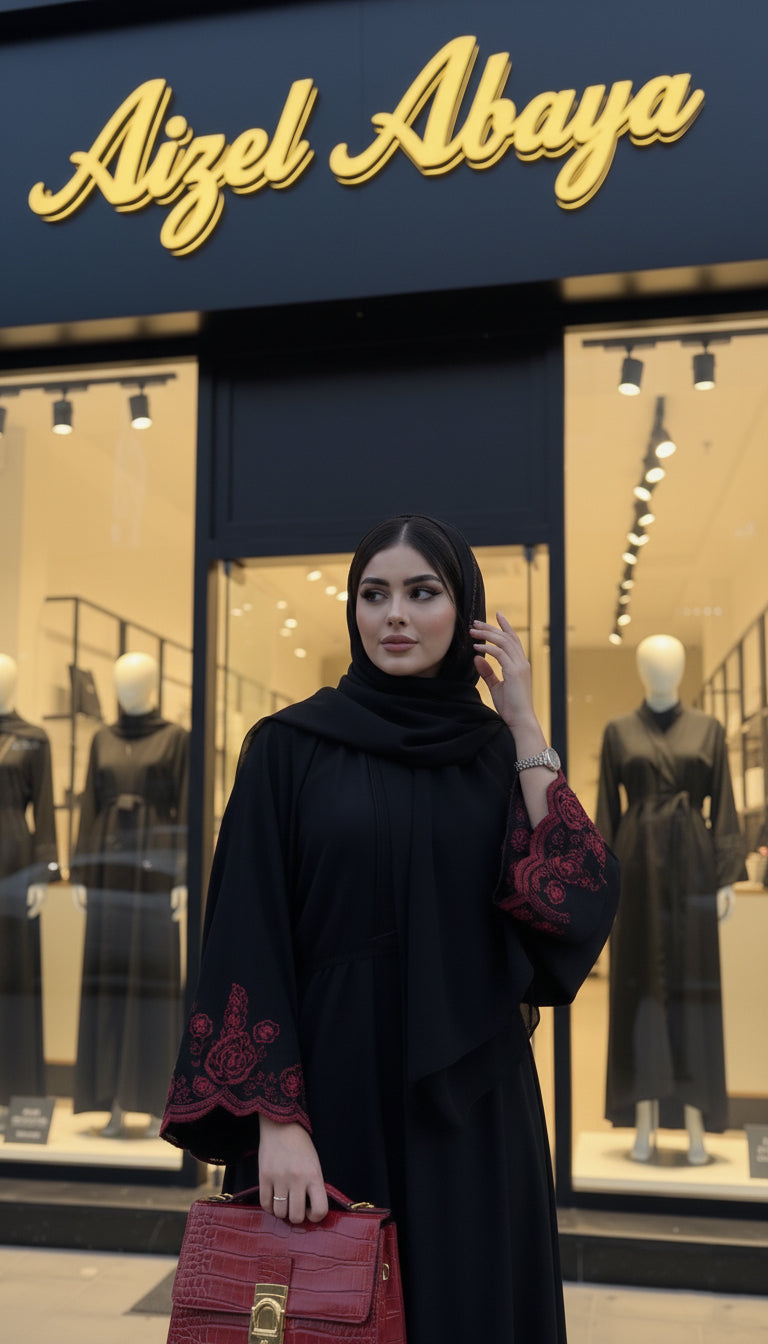 Aizel Signature abaya with rich crimson floral embroidery - Aizel Abaya