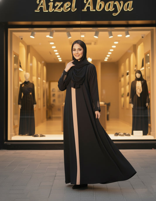 Elegant Black Abaya with Contrast Panel & Leaf Embroidered Sleeves
