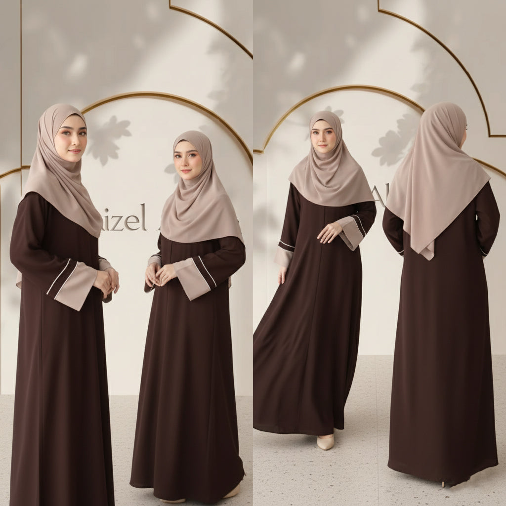 Brown Contrast Cuff Abaya with Matching Dupatta | Premium Firdous Fabric | Elegant Modest Wear – Aizel Abaya