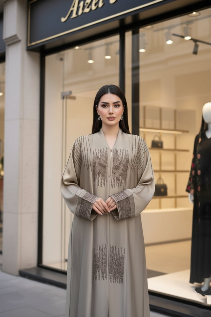 Elegant Taupe Embellished Abaya | Modest Luxury Abaya by Aizel Abaya