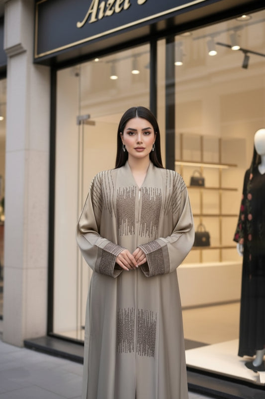 Elegant Taupe Embellished Abaya | Modest Luxury Abaya by Aizel Abaya