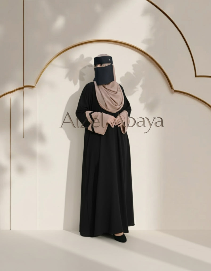 Elegant Emerald Black Abaya with Chic Two-Tone Sleeves
