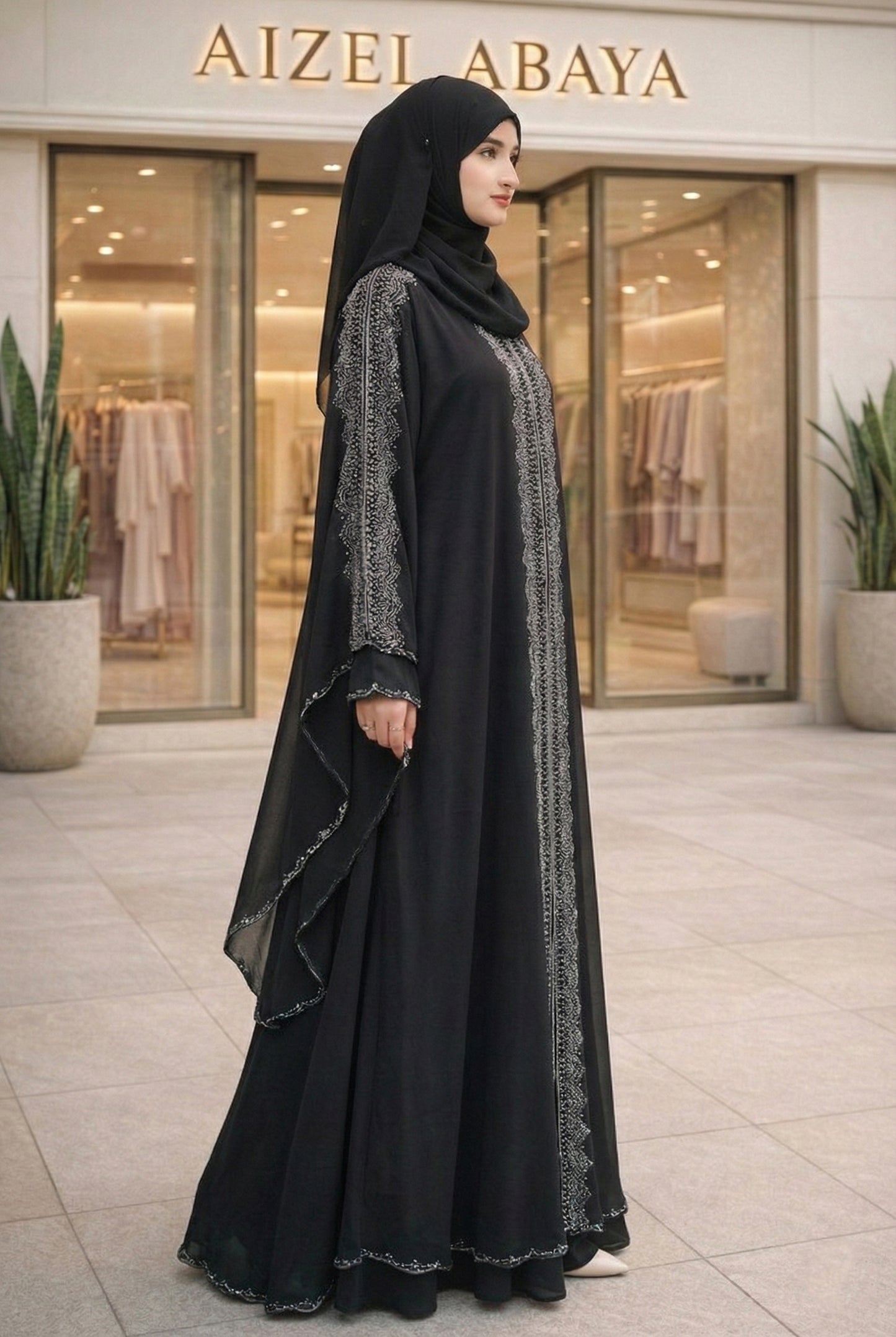 Black & Maroon Front-Open Flowing Abaya with Silver Rhinestone Panel & Batwing Sleeves – Elegant Modest Wear