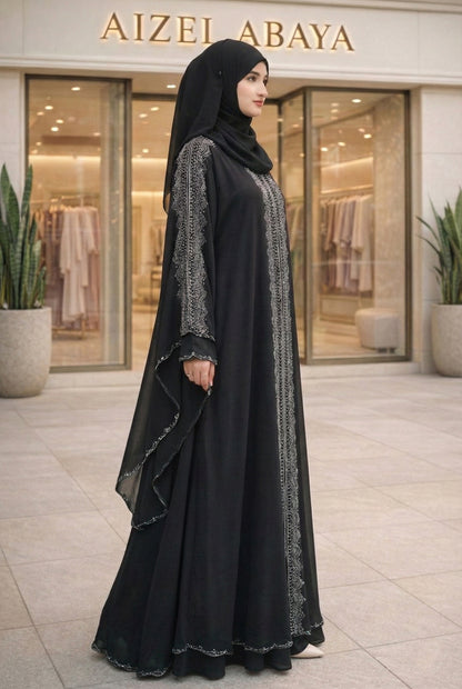Black & Maroon Front-Open Flowing Abaya with Silver Rhinestone Panel & Batwing Sleeves – Elegant Modest Wear