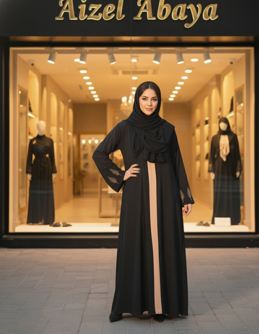 Elegant Black Abaya with Contrast Panel & Leaf Embroidered Sleeves