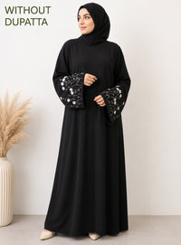 Black abaya with white floral embroidered sleeves front view