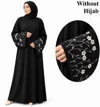 Black abaya with white floral embroidery on wide sleeves
