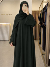 Dark green bell sleeve abaya worn view - Aizel Abaya