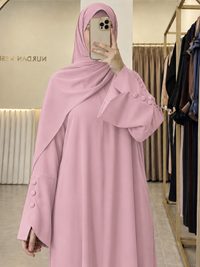 Pink bell sleeve abaya worn view - Aizel Abaya