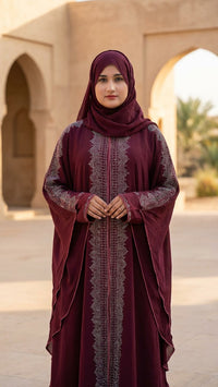 Black and maroon front-open abaya with silver rhinestone panel and batwing sleeves - Aizel Abaya