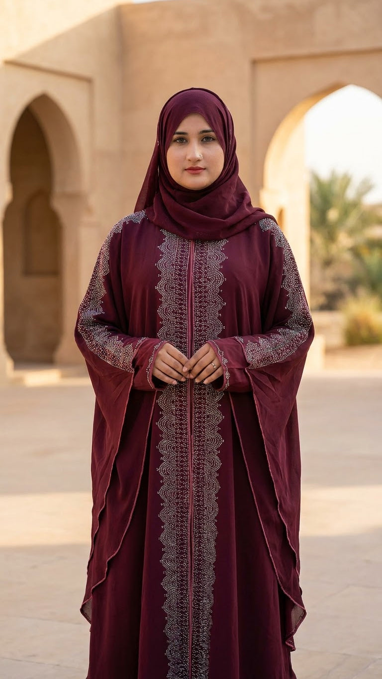 Black & Maroon Front Open Abaya | Rhinestone Batwing Sleeves | Farasha