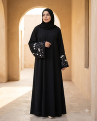 Black Firdous abaya with wide sleeves and white floral embroidery - Aizel Abaya