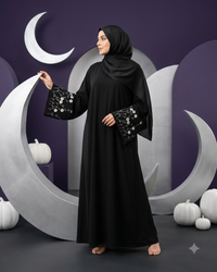 Detailed sleeve view of black Firdous abaya with white floral embroidery - Aizel Abaya