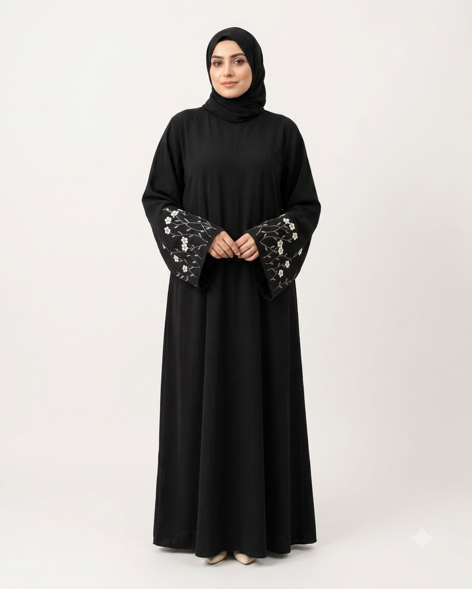 Black Firdous abaya with white floral embroidery and wide sleeves - Aizel Abaya