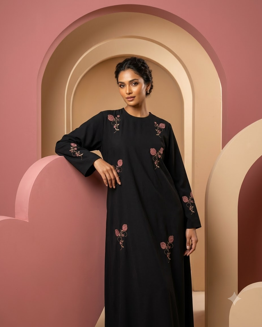 Black Floral Firdous Abaya | Embroidered Muslim Wear