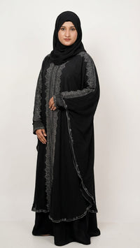 Black & Maroon Front Open Abaya | Rhinestone Batwing Sleeves | Farasha