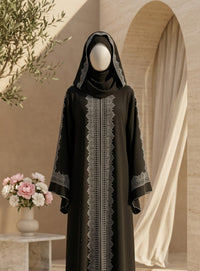 Black & Maroon Front Open Abaya | Rhinestone Batwing Sleeves | Farasha