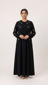 Black Firdous Abaya | Pink Floral Embroidery & Layered Front Panel