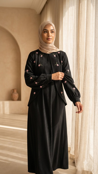 Black Firdous Abaya | Pink Floral Embroidery & Layered Front Panel